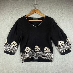 Vintage Cullinane Sweater Women Medium Black Floral Cottage Core Balloon Sleeve‎